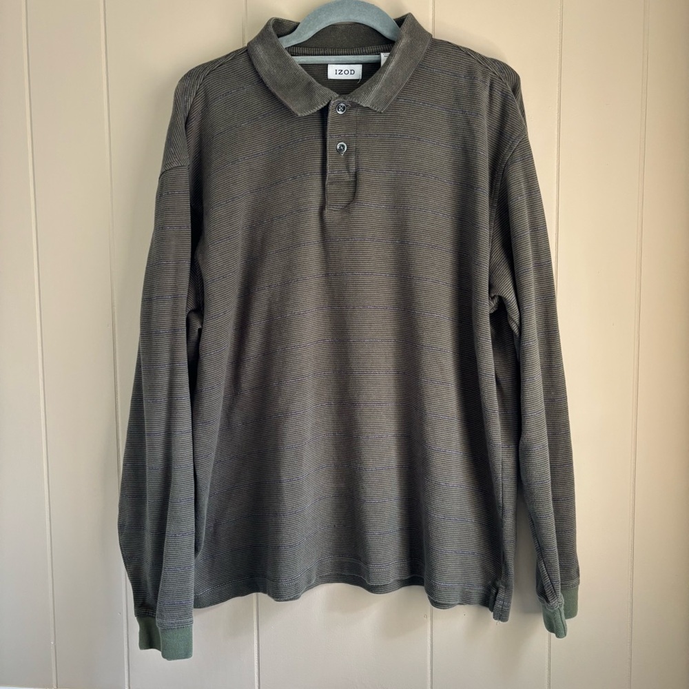 Izod Mens long sleeve polo shirt in a classic olive green & blue striped design
